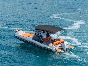 A sleek speedboat navigates through vibrant blue waters, showcasing an exciting day on the water with friends.
