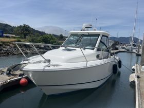 A sleek speedboat docked at the marina, showcasing its elegant design and ready for a day on the water.