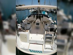 An inviting view of the interior helm of the sailing yacht 'Valiana,' showcasing the spacious layout and modern design, perfect for comfortable cruising.