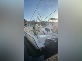 A well-equipped fishing boat docked at the marina, showcasing its sleek design and fishing gear, perfect for a day out on the water.