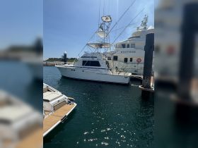 A pristine yacht docked at the marina, showcasing its sleek design and fishing gear — perfect for a day on the water.