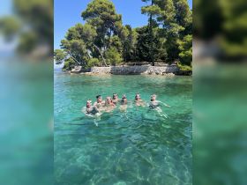 A lively group enjoys snorkeling in crystal-clear waters, surrounded by lush greenery — a perfect day for aquatic adventures.