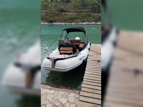A speedboat is docked at a serene location, with a person at the helm, showcasing the perfect setting for a day on the water.