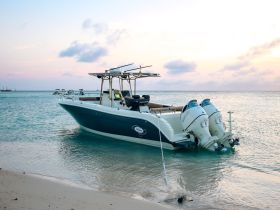 A sleek speedboat anchored in shallow waters, showcasing its modern design against a serene sunset backdrop — perfect for adventurous outings on the water.