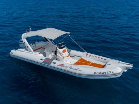 A sleek speedboat glides through clear blue waters, showcasing its modern design and spacious layout, perfect for thrilling adventures on the sea.