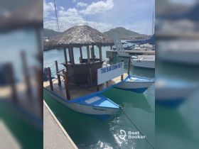 A vibrant tiki boat named 'TIKI BAR DOM REP' docked in clear waters, perfect for enjoying tropical drinks and island vibes.