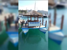 A vibrant tiki bar boat named 'TIKI BAR DOM REP' docked in serene waters, perfect for enjoying tropical drinks and relaxation.