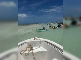 A vibrant scene at a sandbar with multiple boats and groups of people enjoying the sun and water activities, perfect for a fun day out on the water.