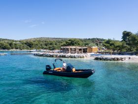 A sleek speedboat navigates through clear turquoise waters near a picturesque beachside restaurant, perfect for a day of exploration and relaxation.