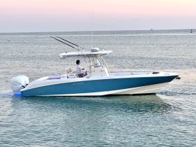 A sleek speedboat cruising through calm waters, showcasing its vibrant blue hull and modern design — perfect for thrilling adventures on the sea.