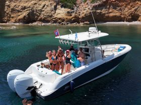 A lively group enjoys a fun day on the water aboard a boat, celebrating with smiles and waves against a stunning coastal backdrop.
