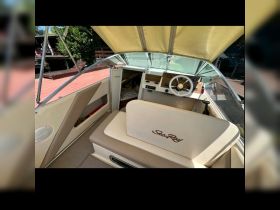 Interior view of a Sea Ray boat's helm and seating area, showcasing a well-designed cabin perfect for navigation and relaxation on the water.