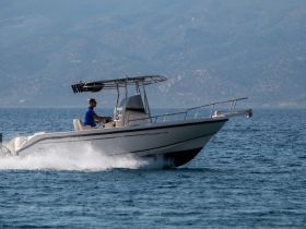 A speedboat glides across the water with a captain at the helm, showcasing the thrill of boating adventures in scenic surroundings.