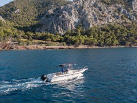 A speedboat navigates through clear waters, showcasing the stunning coastal scenery and rocky terrain in the background — perfect for adventurous outings.