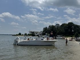 A lively group enjoys a beach day with a Key West boat, featuring swimming and relaxation in the sun — perfect for summer outings and fun on the water.