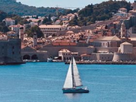 A picturesque view of a sailboat navigating through a vibrant harbor, with a charming cityscape in the background — a perfect representation of coastal adventures.