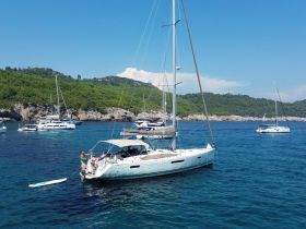 A lively group enjoys a day on the water, with paddleboarding and sailing amidst beautiful scenery — perfect for summer adventures.