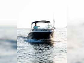 A speedboat glides through the water with a smiling captain at the helm, showcasing the thrill of boating adventures on the open water.