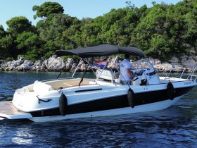 A sleek speedboat is anchored in calm waters, showcasing its stylish design against a backdrop of lush greenery and rocky shores.