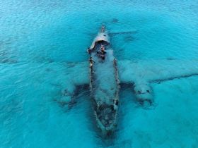 A group of adventurers explores a sunken aircraft wreck in crystal-clear waters, showcasing the thrill of snorkeling and underwater exploration.
