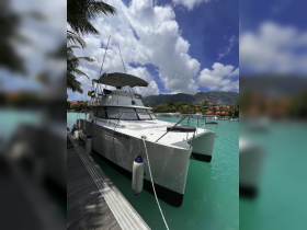 A sleek catamaran named 'Zanzibar' docked in clear turquoise waters, surrounded by lush greenery and a beautiful sky — perfect for exploring tropical destinations.