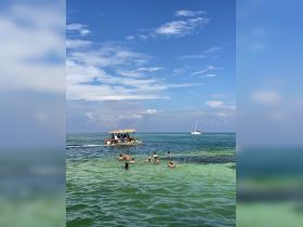 A lively group enjoys a sandbar stop, swimming in clear waters while a floating bar approaches — the perfect setting for a fun day on the water.
