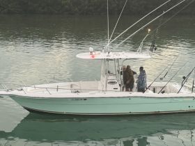 A group of friends engages in fishing activities aboard a sleek boat, surrounded by calm waters — perfect for a day of adventure on the water.