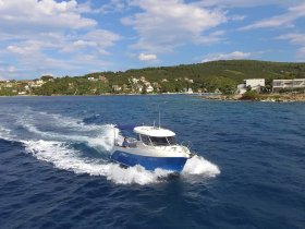A sleek speedboat navigates through clear waters, showcasing its design and performance against a picturesque coastal backdrop.