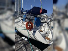 A well-maintained yacht docked at the marina, showcasing its sleek design and vibrant blue canopy, perfect for sailing adventures.