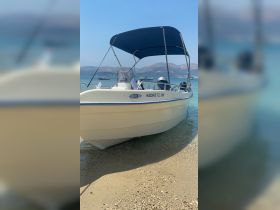 A beautiful view of the 'Adonis' boat docked on a sandy beach, surrounded by clear waters and distant mountains, perfect for a day of relaxation on the sea.