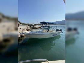 A sleek speedboat named 'Adonis' docked in calm waters, showcasing its design and surroundings — perfect for a day of exploration on the water.