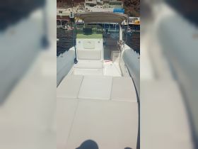 Interior view of a well-equipped boat featuring comfortable seating and a helm, perfect for a day on the water.