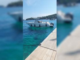 A sleek speedboat docked in clear turquoise waters, showcasing its modern design against a picturesque backdrop of lush greenery.