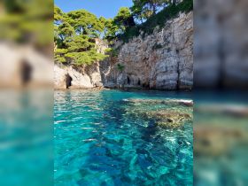 A stunning view of a rocky coastline with lush greenery and crystal-clear waters, perfect for exploring hidden coves and enjoying nature's beauty.