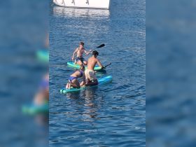 Three kids enjoy paddleboarding on a sunny day, showcasing fun on the water and active outdoor adventures.