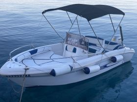A sleek rental boat anchored in calm waters, featuring comfortable seating and a canopy for shade — perfect for leisurely outings on the water.