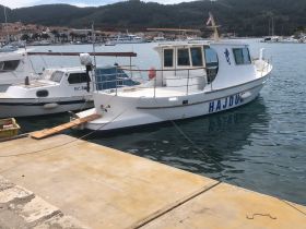 A charming fishing boat named 'Hajduk' docked at the marina, surrounded by other vessels and scenic hills in the background.