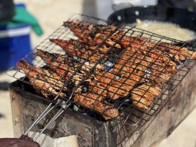 Delicious grilled seafood on a barbecue, perfect for a day out on the water or a beach gathering.