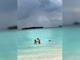 A couple enjoys snorkeling in the crystal-clear waters while a child swims nearby, capturing the essence of a perfect beach day on a tropical island.