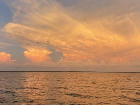 A stunning sunset over tranquil waters, with vibrant clouds reflecting the evening light — a perfect backdrop for a serene boating experience.