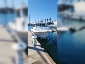 A sleek speedboat docked at the marina, showcasing its clean lines and modern design against a clear blue sky.