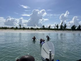 A group enjoys a fun day at the beach, wading in the clear waters under a beautiful sky filled with clouds — perfect for a memorable outing.