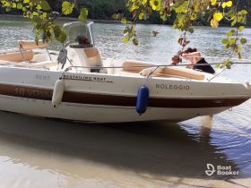 A rental boat is docked along the shore, showcasing its sleek design and inviting seating. Perfect for leisurely outings on the water.