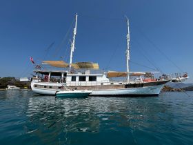 A stunning view of a yacht anchored in calm waters, showcasing its elegant design and spacious deck, perfect for luxury cruising.
