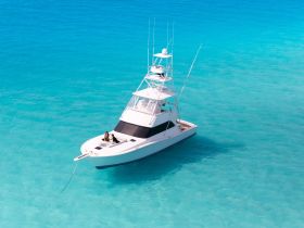 A couple enjoys a serene moment aboard a yacht in crystal-clear waters, perfect for romantic getaways or luxury charters.