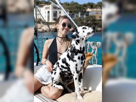 A woman enjoys a sunny day on a boat with her Dalmatian, showcasing the joy of companionship on the water.