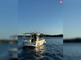 A serene view of a boat cruising through calm waters, showcasing its sleek design against a clear blue sky — perfect for a day out on the water.
