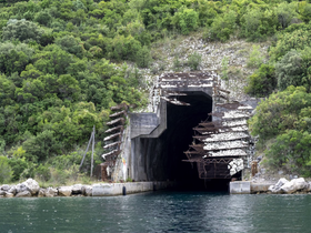An intriguing view of a tunnel entrance surrounded by lush greenery, creating a mysterious atmosphere. The structure's details are partially obscured, making it an interesting yet unclear image.