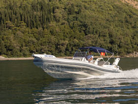 A speedboat glides through calm waters with a captain at the helm, showcasing the thrill of boating adventures in a scenic environment.