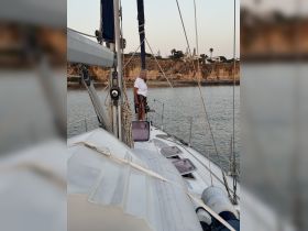 A sailor stands on the deck of a sailboat, enjoying the serene waters and picturesque coastline — a perfect moment for sailing enthusiasts.
